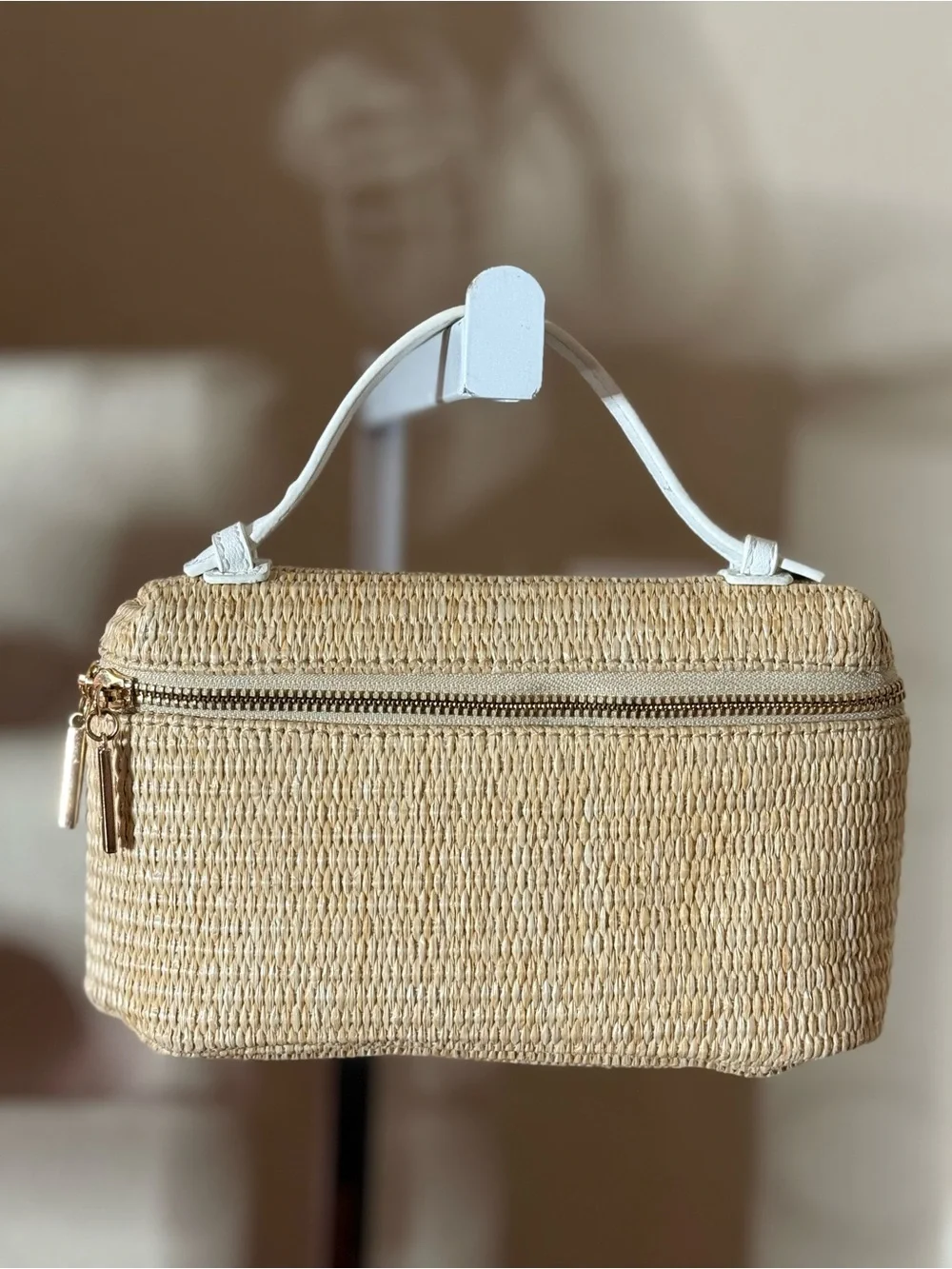 Straw Woven Top-Handle Bag with White Handle